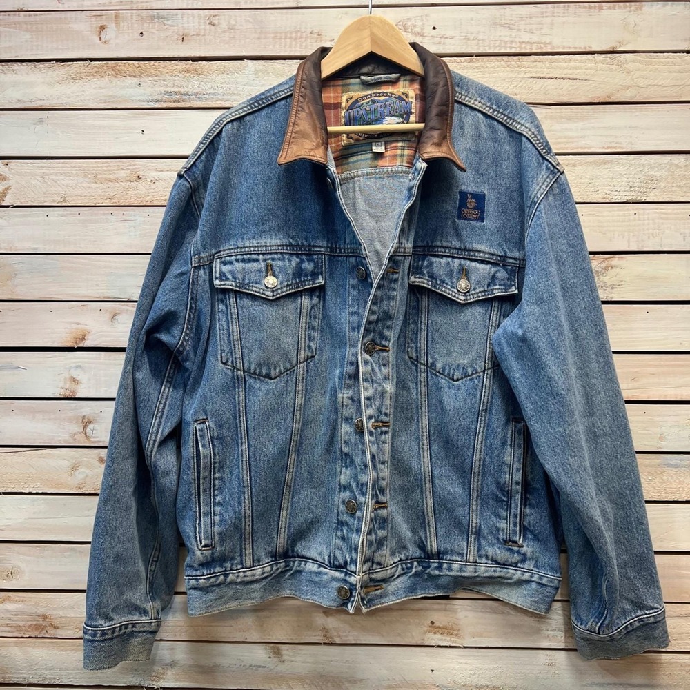 Vintage Denim Trucker Denim Jean Jacket Leather Collar Blanket Lined Western XL